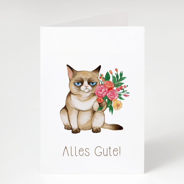 Katze mit Blumenstrauß - Geburtstagskarte - Grußkarte