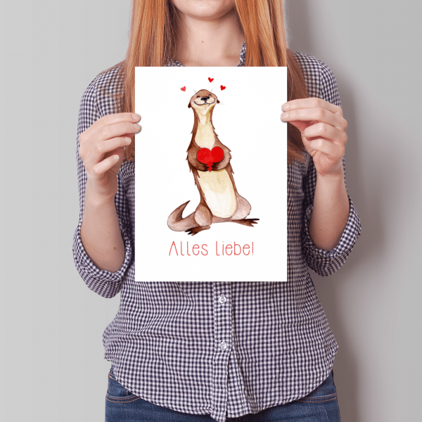 XXL Alles Liebe - Otter mit Herz - A4 - Geburtstagskarte - Grußkarte